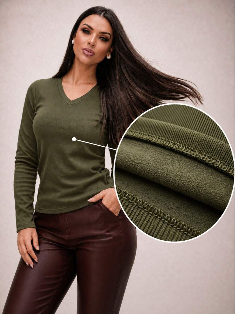 Long-Sleeved, Fleece-Lined Women's Blouse With Ribbed Knit, V-Neck, Casual, Elegant, Chic, Comfortable, Warm, Fashionable, , Autumn/Winter 2026, Burgundy. - xanh quân đội - Xem 1