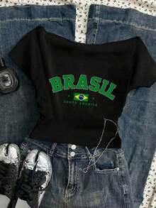 Camiseta blanca de manga corta, ajustada, con hombros descubiertos y fruncido en la cintura, estilo casual, adecuada para el verano, con estampado de leopardo y cereza - Negro 2 - Ver 6
