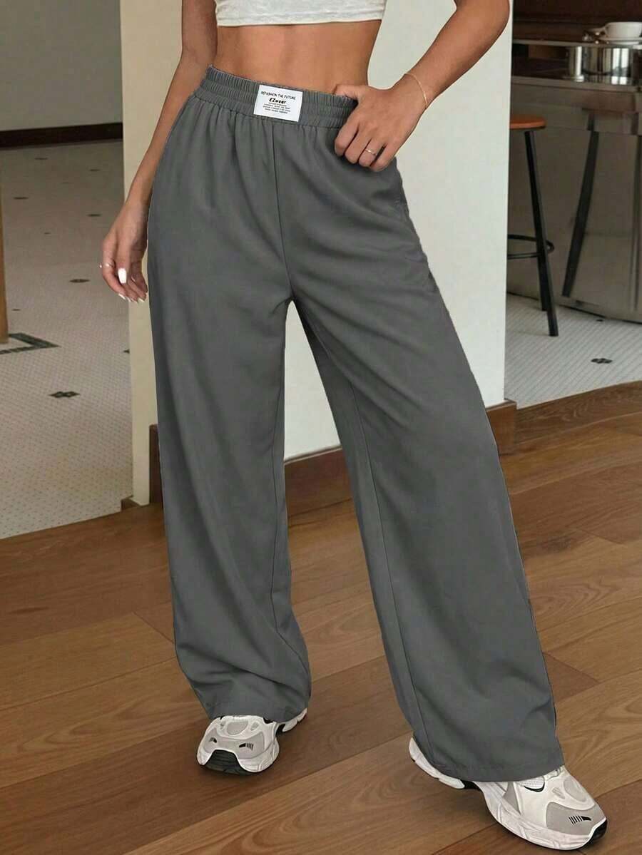 Pantalones rectos y sueltos de pierna ancha de color negro con estampado tipo zhanga para vacaciones de primavera y verano - Gris - Ver 1