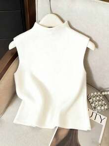 Suéter de mujer de punto con cuello alto, diseño de botones, sin mangas, suelto y casual, color rojo, para primavera/otoño - Blanco - Ver 2