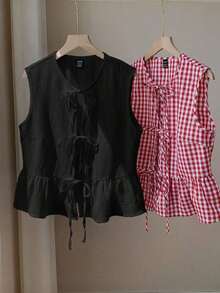 2 piezas Blusas de verano de moda 2026 para mujeres, para vacaciones, primavera, Día de San Valentín, salir, verano, primavera, Día de San Valentín, carnaval, playa, fiesta de cumpleaños, boda, salir.Top sin mangas rojo, top sin mangas rosa, - Rojo y negro - Ver 5