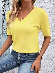 Blusa de punto de manga corta regular con cuello en V casual y versátil - amarillo ganso - Ver 5