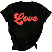 Camiseta de manga corta con cuello redondo y estampado de corazones de San Valentín para mujer, ropa térmica para uso diario, tela suave, top corto elegante, camiseta gráfica para mujer. - Negro 8 - Ver 1