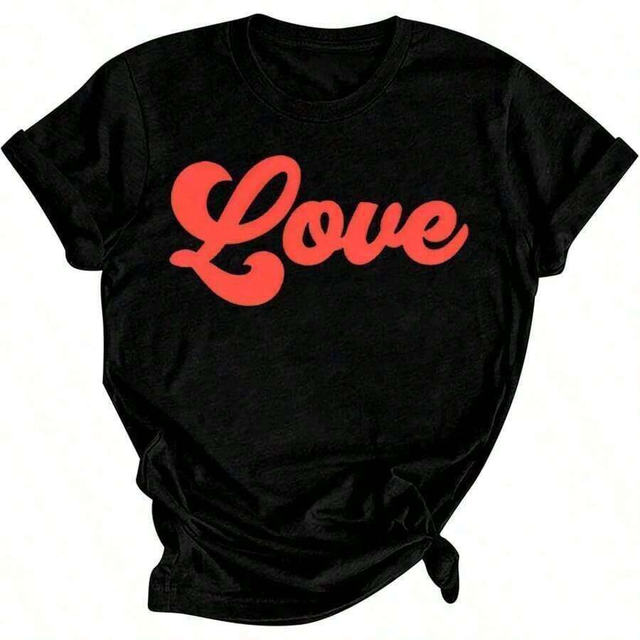 Camiseta de manga corta con cuello redondo y estampado de corazones de San Valentín para mujer, ropa térmica para uso diario, tela suave, top corto elegante, camiseta gráfica para mujer. - Negro 8 - Ver 1