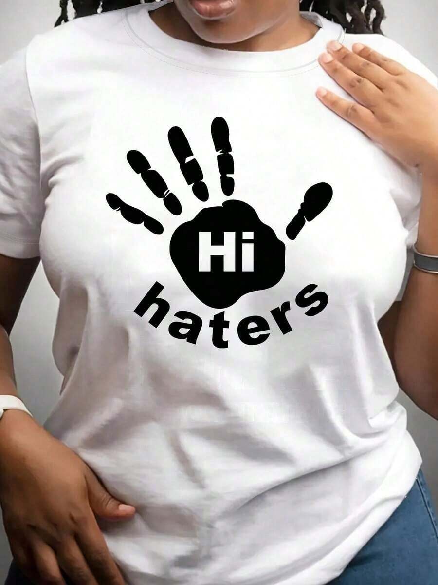 Camiseta de manga corta 100% algodón para "Haters", camiseta de doble cara con "Hi Haters" en la parte delantera y "Bye Haters" en la parte trasera, camiseta para mujer, top humorístico, camiseta sarcástica. - Blanco - Ver 1