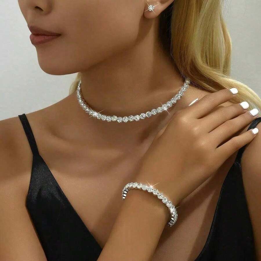 Bộ trang sức đính đá cao cấp gồm 1 vòng tay, 1 dây chuyền và 1 đôi bông tai dành cho nữ, thích hợp cho đám cưới/lễ đính hôn. - Bạc - Xem 1