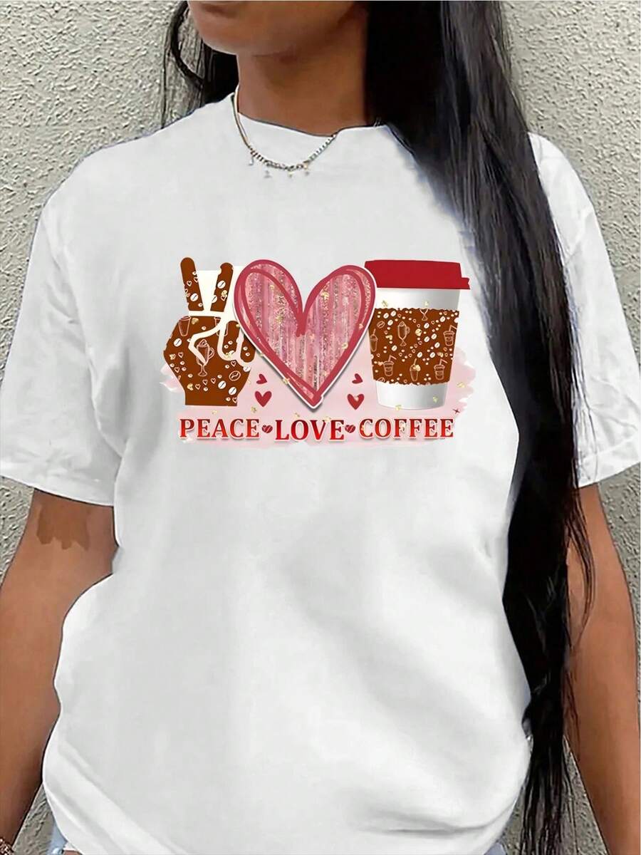 Camiseta de manga corta, ligera y duradera, con un diseño que celebra la paz, el amor y el café, es perfecta para los amantes del café en casa o en una cafetería, ofreciendo comodidad para el uso diario. - Blanco - Ver 1