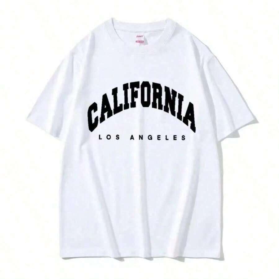Women's Funny California Los Angeles Letter Print T-Shirt, Fashionable Round Neck Short Sleeve T-Shirt, Plus Size Casual Tee, Summer Clothes For Women, 100% Cotton - 白色 6 - 查看 1