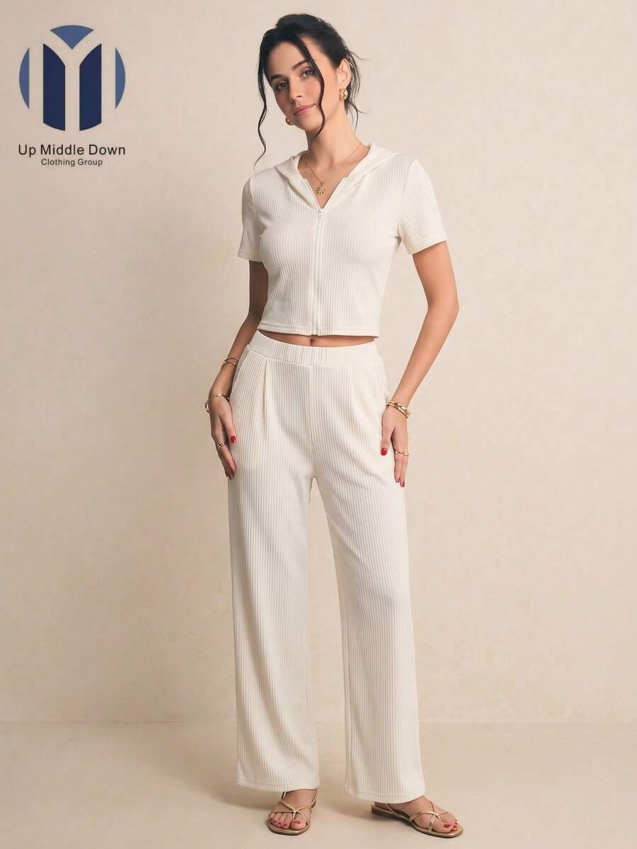 Conjunto Casual de Dos Piezas para Mujer: Top con Cierre y Pantalón de Pierna Ancha - Ideal para Primavera/Verano - Beis - Ver 1