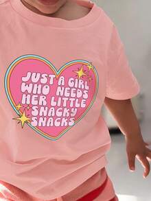 1pc Baby Girl Vintage Sweet T-Shirt, "Just A Girl Who Needs Her Little Snacky Snacks" Print, Short Sleeve, Soft & Comfortable Fabric, T-Shirt - Pink - View 1