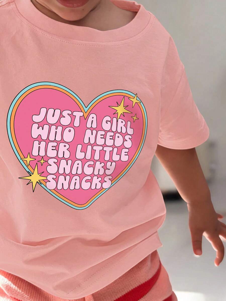 1pc Baby Girl Vintage Sweet T-Shirt, "Just A Girl Who Needs Her Little Snacky Snacks" Print, Short Sleeve, Soft & Comfortable Fabric, T-Shirt - Pink - View 1