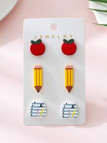 3 paires/set Boucles d'oreilles en émail vintage en argile en forme de pomme, de crayon et de cahier. Ensemble de bijoux, cadeau pour la fête des enseignants et la rentrée scolaire pour les enseignants et les élèves - Multicolore - Voir 2