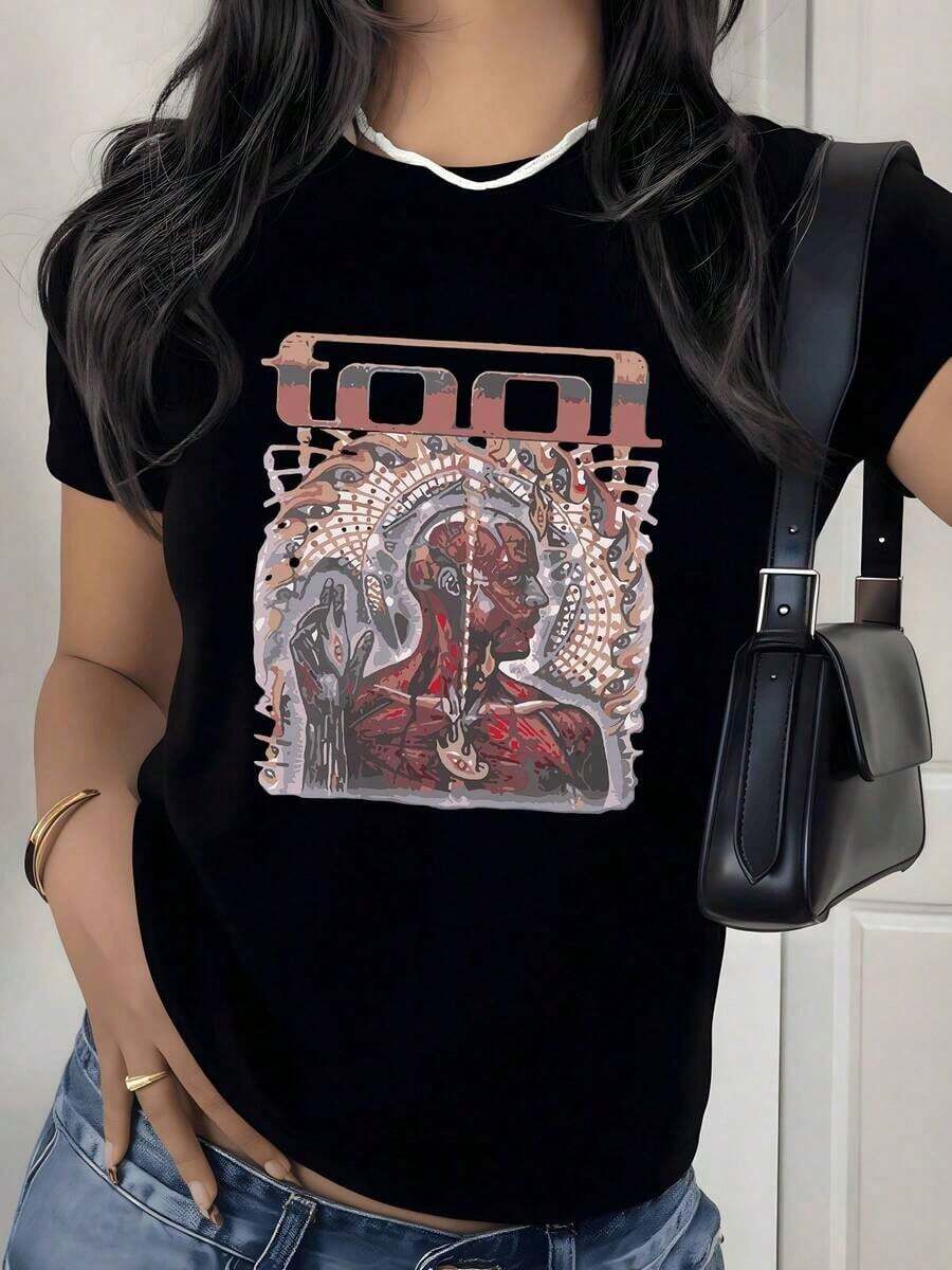 Camiseta con Estampado Gráfico de Arte Anatómico Abstracto, 180g, 1 Pieza, Camiseta Casual Artística para Mujer, 100% Algodón, Estilo Vintage Streetwear - Negro - Ver 1