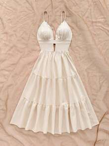 xheSoleia Vestido mini de mujer con tirantes de espagueti y unicolor, moda simplista y casual para uso diarioxhe - Albaricoque - Ver 6