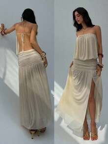 2026 Vestido sin tirantes y sin espalda de color albaricoque para mujer, vestido largo de diseño minimalista con pliegues, vestido fluido, vestido transparente para mujer para primavera y verano, vestido de playa, atuendos de vacaciones en la playa, vestidos de verano amarillo mantequilla para mujeres - Albaricoque - Ver 9