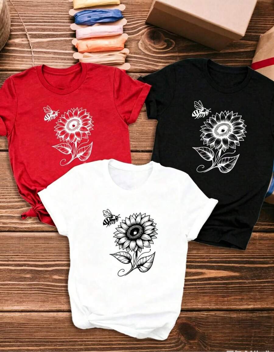 3 Artículo de moda: Camiseta casual de manga corta para mujer, estampado de girasoles y abejas, camiseta de manga corta con cuello redondo para mujer, top deportivo casual transpirable de algodón puro, regalo para vacaciones, camiseta de primavera con diseño de mariposas para Pascua. - Blanco - Ver 1