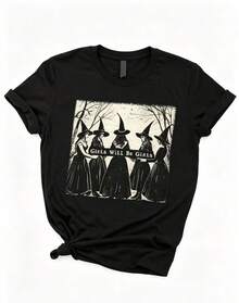 3-Piece Streetwear T-Shirt, Oversized Round Neck Top For Daily Outings, Camping, Concerts, Hip-Hop, Rock, And Rap Events, New Model, 100% Cotton, Colorful, Unisex, Fun, Black, White, Red, One-Piece Set, College Style, Piece, Let Men Be More Difficult Witch Moon Phase Tree Shadow, Casual Loose Short Sleeve Round Neck T-Shirt For Women. - 黑色 - 查看 2