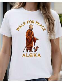 ComfortableCamiseta casual para mujer con diseño de monje "Women Walk For Peace", estilo de vida de mindfulness y armonía, camiseta 2D para mujer, diseño casual holgado, ligeramente extendidaFashion All-match Women's Short Sleeve T-shirt, Basic Style for Inner & Outer Wear - Blanco - Ver 7