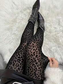 1 Peça Meia-calça de Estampa de Leopardo Plus Size para Mulheres, Legging Preta de Padrão Animal Sexy, Calça Skinny e Meia-calça para Outono/Inverno, Calça Skinny para Trabalho e Traje de Negócios no Inverno - Preto - Visão 4
