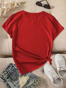 [Novedad de Moda] Ropa de Verano para Mujer, Camiseta de Manga Corta con Cuello Redondo y Estampado de Cola de Animal de Dibujos Animados, Estilo Deportivo Casual, Ligera, Cómoda, Suave, Moderna, Estilo Adorable de Mascota, Versátil para Todas las Temporadas, Adecuada para Uso Diario 9WVS - Rojo - Ver 2