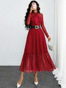 Vestido elegante, sexy y romántico de mujer con estampado de lunares y doble capa con lazo, adecuado para el trabajo, citas y vacaciones de primavera - Gris - Ver 2