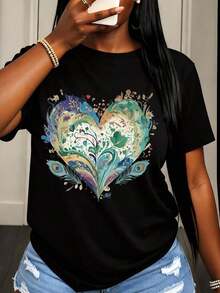 Camiseta de Mujer con Diseño Floral de Corazón de Pavo Real, Estilo Casual de Verano, Estampado Gráfico, Cuello Redondo Blanco, Camiseta de Moda para Uso Diario y Ocasiones Especiales. - Negro - Ver 7