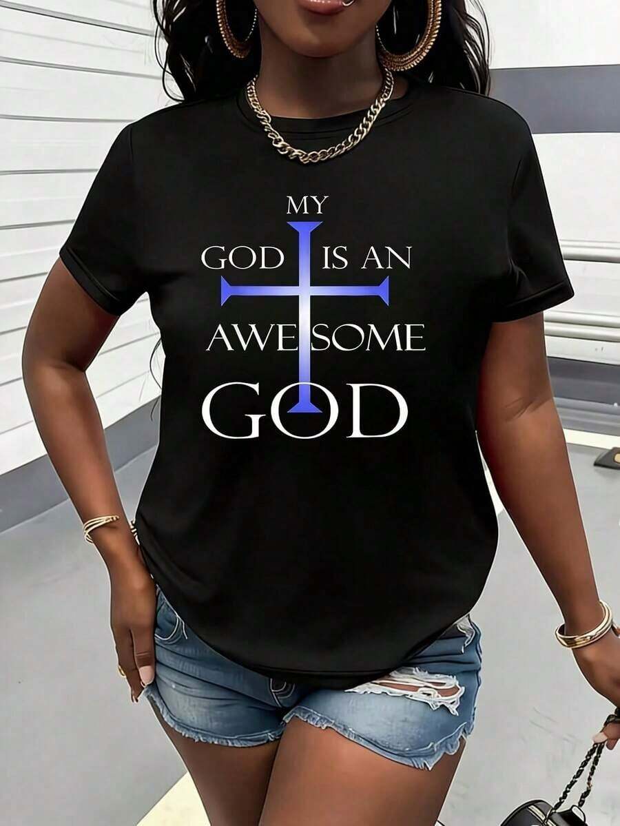 Camiseta Clásica de Talla para Mujer con Frases Religiosas Cristianas 'Mi Dios un Dios Asombroso',% Algodón, Cuello Redondo, Manga Corta, Diseño Gráfico, Estilo Casual - Negro - Ver 1