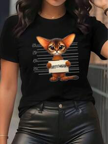 Camiseta negra de manga corta para mujer, con diseño de gato abisinio, ligera y duradera, perfecta para el ocio en casa o salidas a cenar, camiseta divertida y moderna con estampado - Camiseta unisex de algodón holgada de manga corta y cuello redondo estilo vintage urbano. - Negro - Ver 2