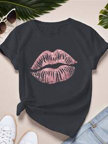 1 pieza de camiseta deportiva de manga corta para mujer, talla grande, con estampado de labios rosa brillante, 180g, 100% algodón. - Blanco - Ver 7