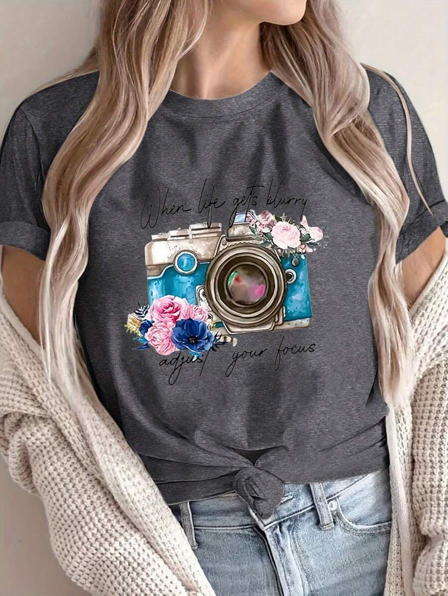 Printed Short-Sleeve T-Shirt With A Casual Crew Neck, Women's Clothing In A Standard Size, Casual Summer Sports Top, 100% Cotton, Machine Washable. 3SNK - 深灰色 - 查看 1