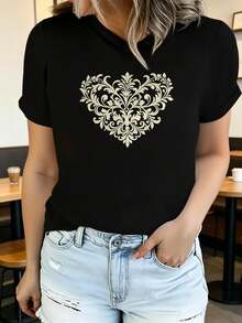 Women's Printed Short-Sleeved T-Shirt With Round Neck, Modern And Casual, Machine Washable, Comfortable Fit, 2D Flat Print, Casual 2D Blouses For Women. - 黑色_05 - 查看 7
