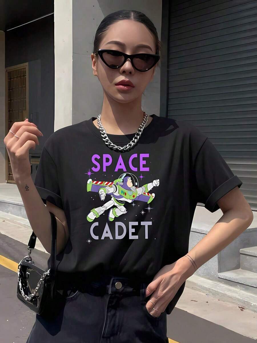 Tops de Mujer, Camiseta de Verano 100% Algodón Puro con Cuello Redondo y Manga Corta, Encantador Diseño Estampado de Anime de Buzz , Suave, Transpirable, Elegante, Versátil, Casual para Uso Diario para Mujeres - Negro - Ver 1