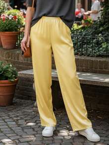 Pantalones para Mujer Marrón Sólidos, Cintura Elástica y Pierna Ancha Larga, Elegantes para Uso Casual y Fin de Semana en Verano - Amarillo - Ver 8
