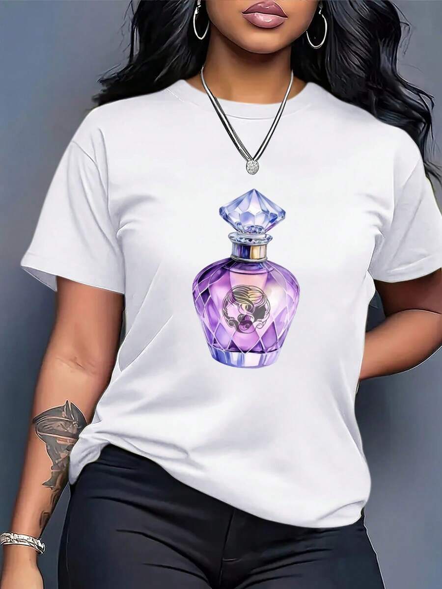 Women's Plus Size Loose Fit Crew Neck T-Shirt - Black And Purple Perfume Bottle Print And Diamond Pattern, Lightweight And Breathable Short Sleeve Crew Neck Top, Non-See-Through Fabric, Comfortable Casual Summer T-Shirt For Everyday Wear, Suitable For All Seasons, Women's T-Shirt, Casual Women's Blouses. - 白色 - 查看 1