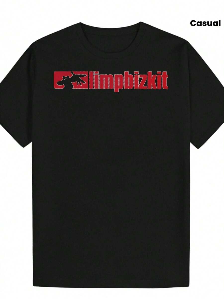Camiseta estampada Slimp Bizkit para hombre - Camiseta casual negra, estampado de texto rojo y blanco, manga corta, cuello redondo, estilo veraniego, ropa casual de verano, hecha de tela elástica, blusa elegante para mujer, blusas elegantes. - Negro - Ver 1
