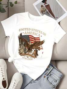 Women's Short-Sleeved White T-Shirt With Design For The 250th Anniversary Of The United States Of America 1776-2026, Statue Of Liberty, Eagle, American Flag, Liberty Bell, Independence Day Celebration. - 白色 - 查看 3