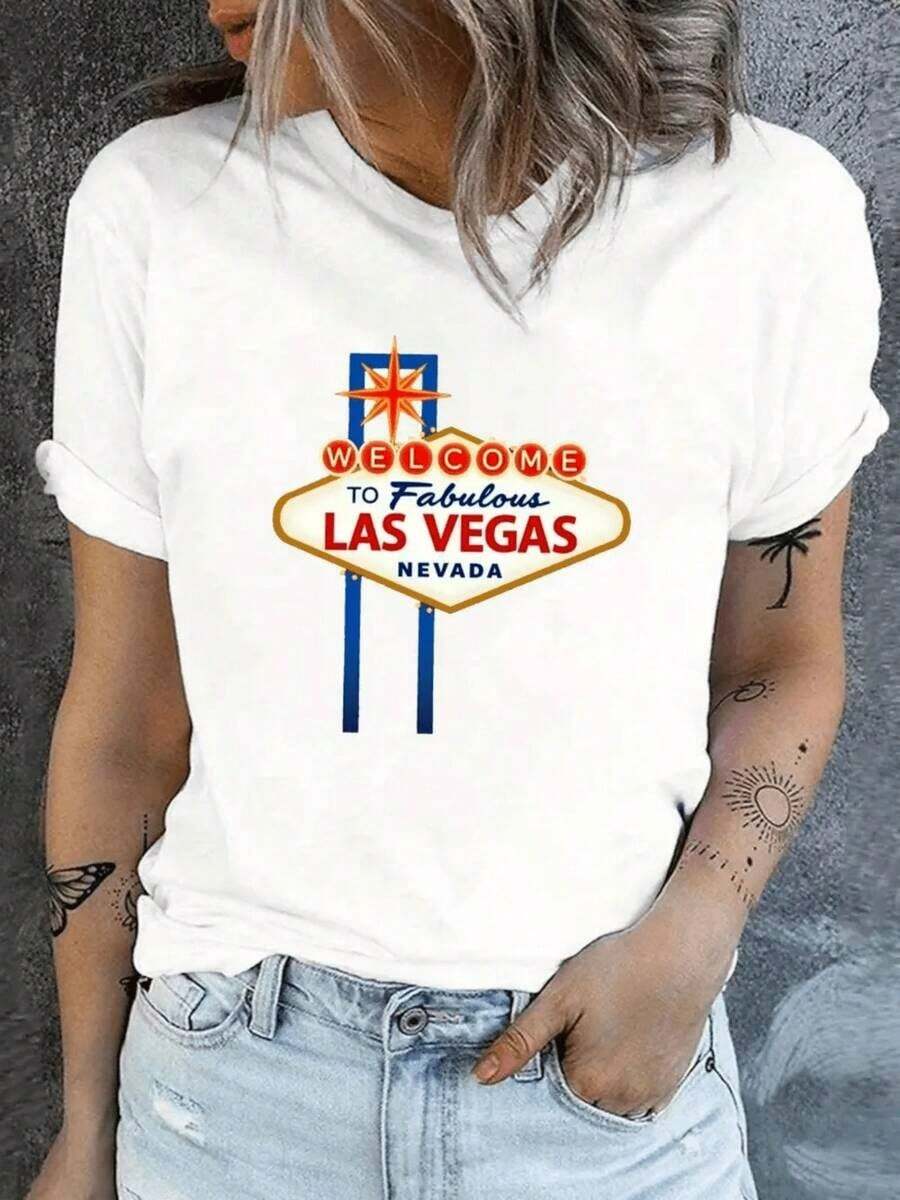 1 camiseta ligera para mujer - blanca, estampada con un diseño de bienvenida a Las Vegas - adecuada para uso diario y eventos especiales - top casual versátil, apto para todas las estaciones - un excelente regalo para los amantes de Las Vegas, ropa de vacaciones, cuello redondo, ajuste cómodo, 180g 100% algodón. - Blanco - Ver 1