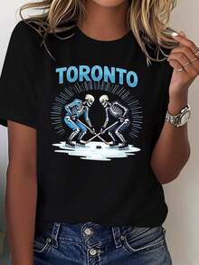 Women's Casual Cotton T-Shirt - Toronto Hockey-Themed T-Shirt, Featuring A Hockey Player Design With A Skull And Bold Lettering, Perfect Casual Wear For Toronto Hockey Fans. Versatile Style Suitable For Summer. - 黑色 - 查看 6