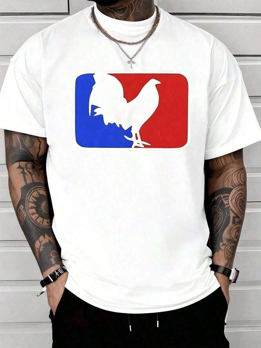 White Silhouette Of A Rooster Symbolizing Strength, Pride, And Courage Against A Blue And Red Divided Background, Inspiring Energy And Determination. Men's T-Shirt, 100% Cotton, 220g - 白色 - 查看 1