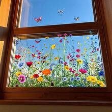 1pc Colorful Wild Flowers & Butterflies Glass Window Sticker, Self-Adhesive Home Window Decor - A - View 1