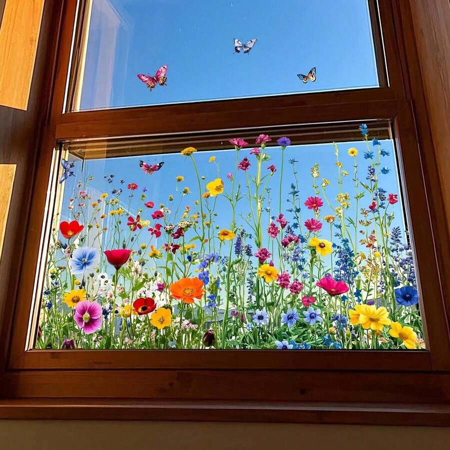 1pc Colorful Wild Flowers & Butterflies Glass Window Sticker, Self-Adhesive Home Window Decor - A - View 1