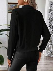 Chaqueta casual versátil de unicolor, de manga larga y hombros regulares con cremallera corta para mujer - Negro 2 - Ver 2