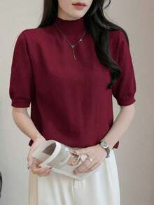 Blusa de punto de manga corta con cuello alto, elegante y de moda para el día a día, de color liso - Burdeos - Ver 4