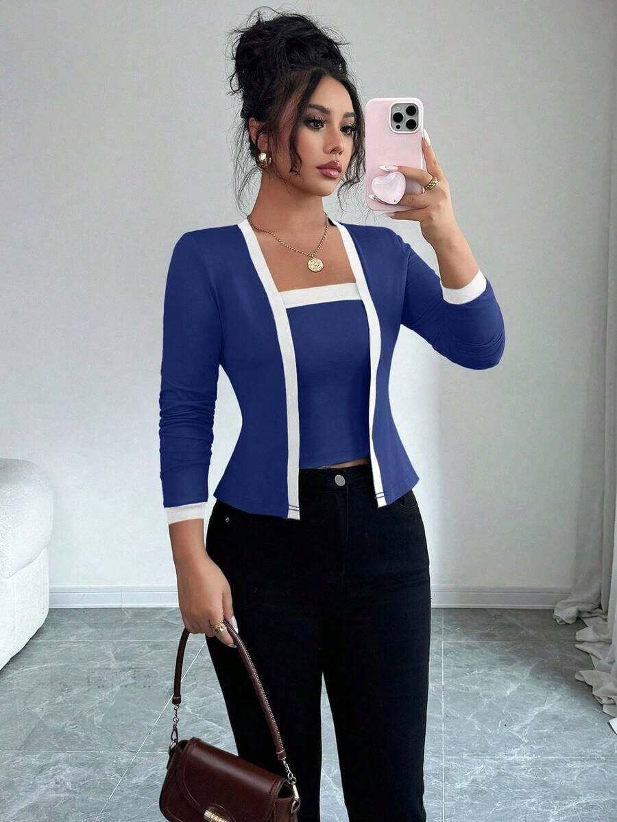 Set de 2 piezas: Top de mangas largas con panel de color elegante de frente abierto y camiseta sin mangas para mujer - Multicolor 2 - Ver 1