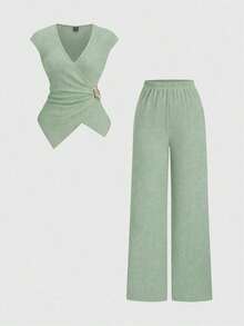 2 piezas Conjunto de mujer minimalista y cómodo de punto acanalado con hebilla de metal decorativa, para otoño - Verde - Ver 1