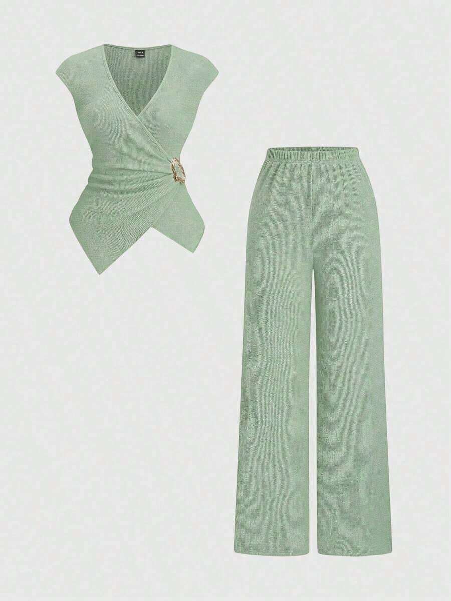 2 piezas Conjunto de mujer minimalista y cómodo de punto acanalado con hebilla de metal decorativa, para otoño - Verde - Ver 1
