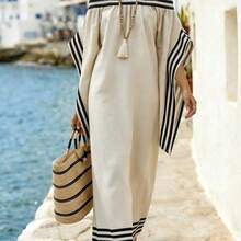 Nana's Women's Clothing Store  Holidaya Vestido casual y suelto con hombros descubiertos para mujer, adecuado para la playa, picnic, vacaciones, uso casual, negocios y uso diario - Beis - Ver 4