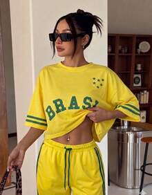 Cropped T-Shirt, Oversized, Brazil Print, Round Neck, Short Sleeves, World Cup Fan Theme 2026 - 黃/綠 - 查看 3