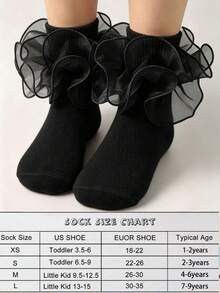1 par de calcetines para niñas con volantes y adorno floral, calcetines de princesa para bebé - Negro - Ver 4