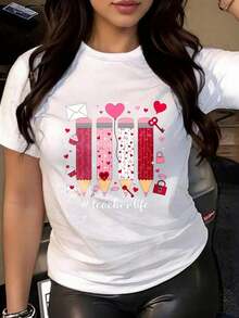 Camisetas gráficas de manga corta para mujer, camiseta popular nueva para el Día de San Valentín, camiseta con estampado de maestra de San Valentín, cuello redondo, manga corta informal para primavera y verano, ropa de mujer, camiseta divertida con estampado de cuello redondo y manga corta para mujer, adecuada para: eventos deportivos/fiestas navideñas/salidas/deportes y otros regalos navideños. - Blanco - Ver 5